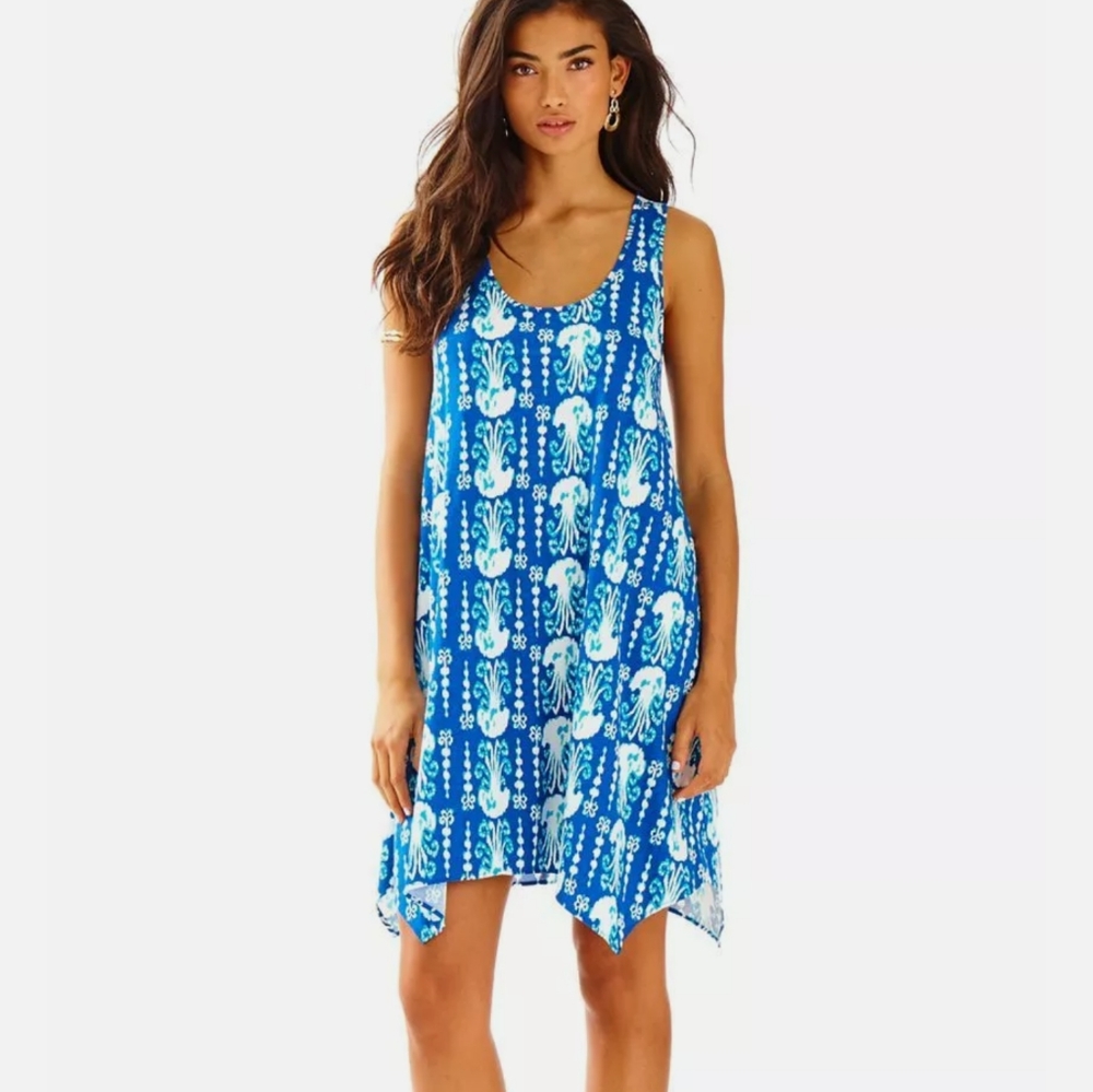 Lilly Pulitzer Melle Dress Indigo Get in Line Blue Sleeveless Racerback White L - Picture 3 of 16